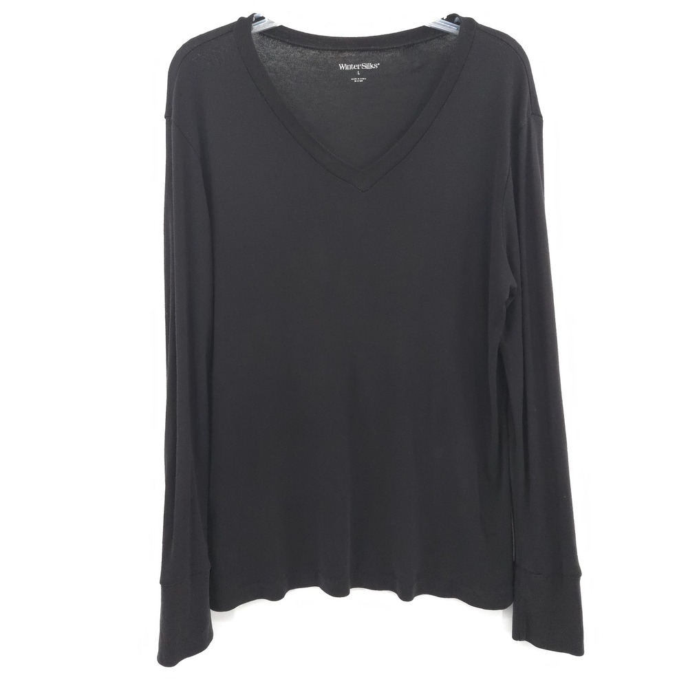 WinterSilks V-Neck Top Womens Large Black 100% Silk Long Sleeve Knit Base Layer